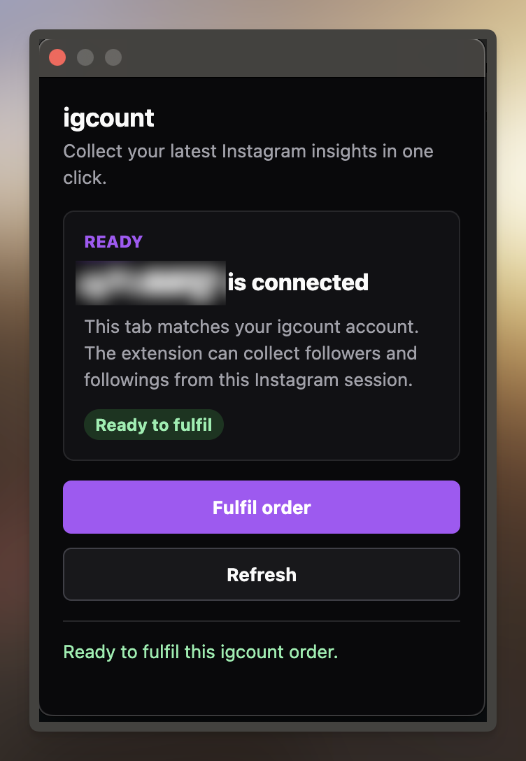igcount Chrome extension popup showing an Instagram account connected and ready to take a snapshot